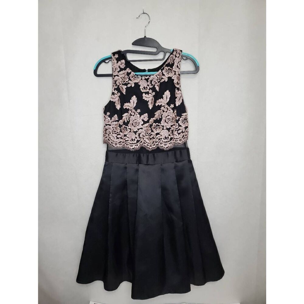 Betsy & Adam A Line Pleated Skirt Mesh Embroidered Formal Pink and Black Dress